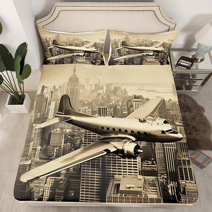 3D Airplane Kids Fitted Sheet Queen Size,Aviation Aircraft Flying Plane Retro Bedding Set,Boys Girls Room Decor,High Building Modern Fashion Bed Cover,Brown Bed Sheet,2 Pillowcases