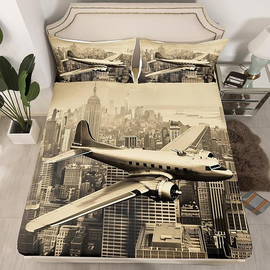 3D Airplane Kids Fitted Sheet Queen Size,Aviation Aircraft Flying Plane Retro Bedding Set,Boys Girls Room Decor,High Building Modern Fashion Bed Cover,Brown Bed Sheet,2 Pillowcases