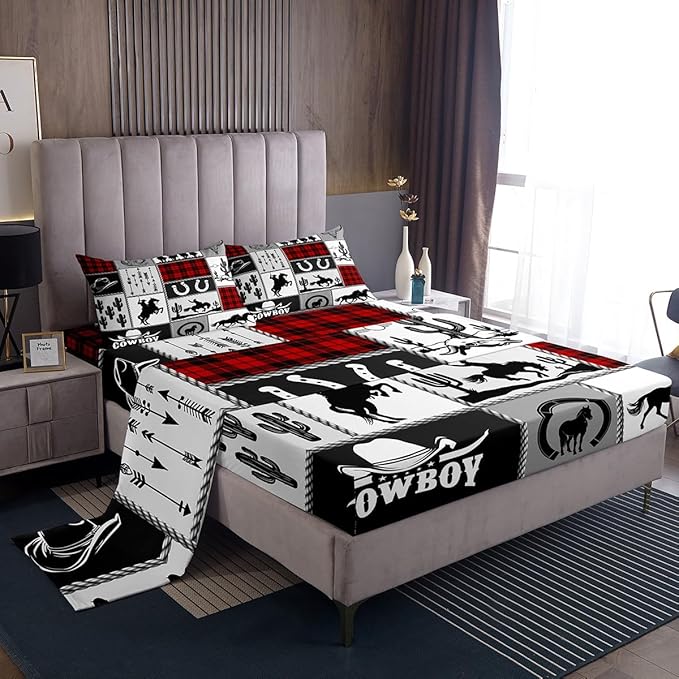 Rustic Farmhouse Horse Kids Sheet Queen Size,Western Cowboy Cactus Bedding Set,Boys Girls Adults Room Decor,Geometric Plaids Arrows Boho Red Xmas Bed Sheet Set 4pcs(Fitted + Flat + 2 Pillowcases)