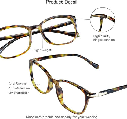 VisionGlobal Blue Light Blocking Glasses for Women, Anti Eyestrain, Computer Reading, TV Glasses, Stylish Square Frame, Anti Glare(Brown Tortoise,+4.25 Magnification)