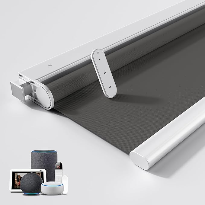 Grandekor No Drill Motorized Blinds with Remote, Blackout Roller Shade Electric Smart Remote Control Blinds, Fit for APP and Voice Control Smoky Gray-Blackout 28" W x 48" H