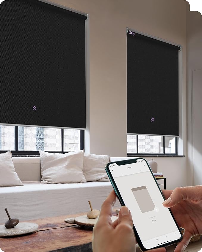 Graywind Smart Roller Shades 100% Blackout Window Blinds with APP Control Customized Automatic Shades for Home and Office(31" Wx72 H,Black)