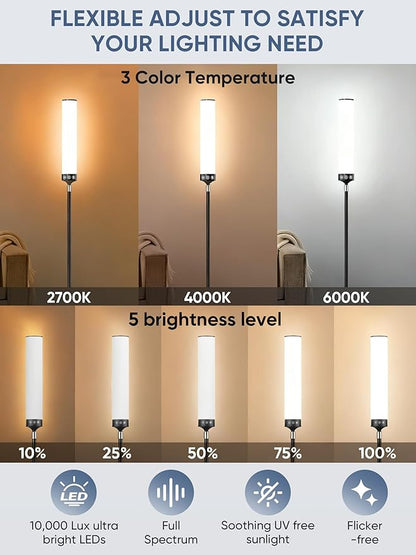 Light Therapy Lamp 10,000 Lux Happy Therapy Light with Remote, 2-in-1 Pedestal to Tabletop Lighting, Full Spectrum Daylight Lamp with Adjustable Color/Brightness/Timer, Memory Function, 24W
