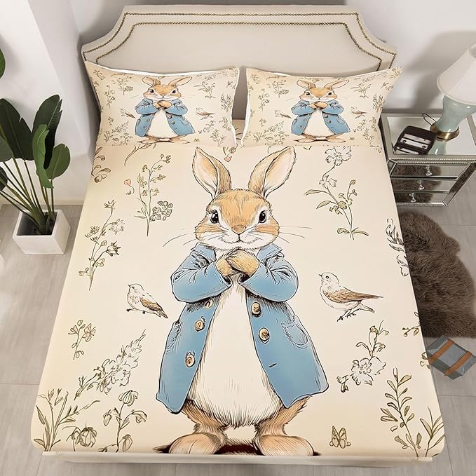 Happy Easter Bed Sheet Twin Size Cartoon Cute Rabbit Bird Bedding Set Spring Plants Farmhouse Fitted Sheet Kids Boys Girls Room Decor Beige Soft Sheets with 1 Pillowcase,No Top Flat