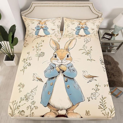Happy Easter Bed Sheet Full Size Cartoon Cute Rabbit Bird Bedding Set Spring Plants Farmhouse Fitted Sheet Kids Boys Girls Room Decor Beige Soft Sheets with 2 Pillowcase,No Top Flat