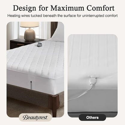 Beautyrest Cotton Heated Mattress Pad - Bed Warmer with 20 Heat Settings Controller, Auto Shut Off Timer, All Around Elastic Deep Pocket, UL Certified, Machine Washable, White Cal King
