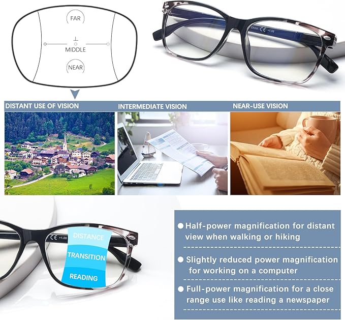 CLASAGA Progressive Multifocus Reading Glasses for Women, Pattern Print Blue Light Block Stylish Ladies Computer Readers