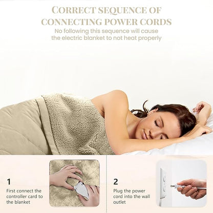 Thermee Micro Flannel Heated Blanket King Size - 10 Settings, Programmable, Rapid Heating - Tan