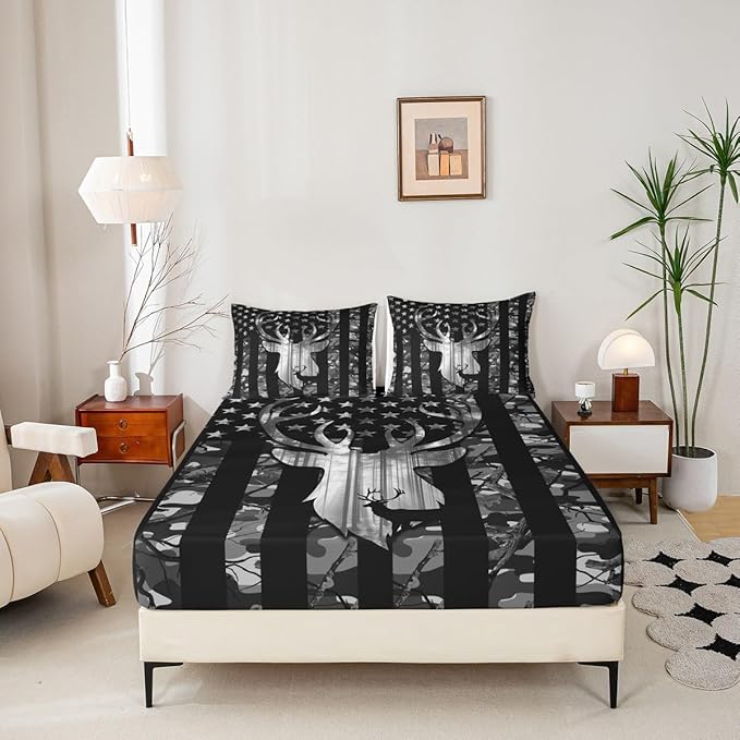 Deer Antlers Silhouette Sheet Set Queen,Camouflage American Flag Bedding Set for Kids Teens Adults, Camo Wild Animal Natural Bed Sheet 4pcs with Deep Pocket Fitted Sheet + Flat Sheet + 2 Pillowcases