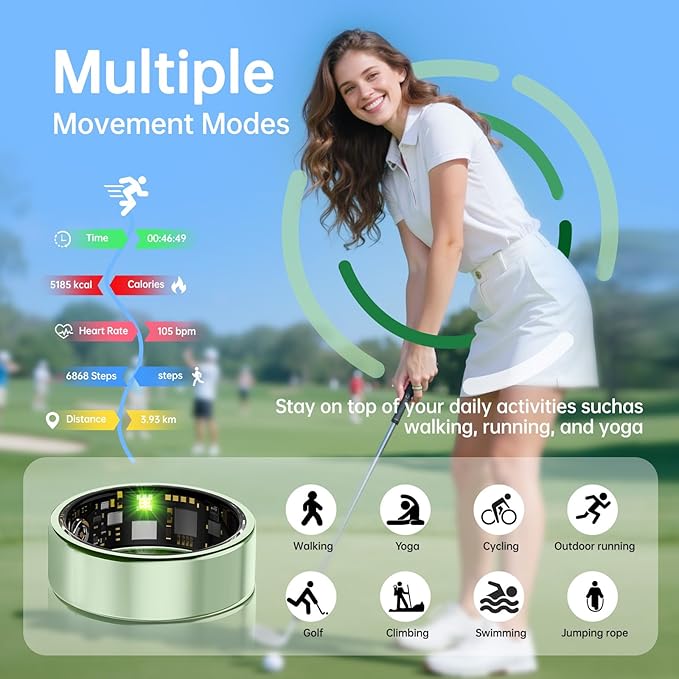Smart Ring for Women & Men, Health Tracker Ring with Heart Rate, Blood Oxygen,Blood Pressure, IP68 Waterproof Fitness Ring, Sleep Tracker for iPhone and Android, No APP Fee (Green, 7#)