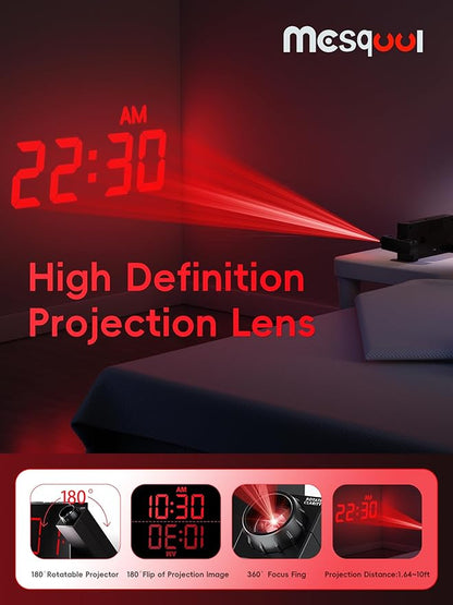Mesqool Projection Alarm Clock, Digital Clock with 180° Rotatable Projector, 5-Level Brightness Dimmer, Clear LED Display, USB Charger, Progressive Volume, 9mins Snooze,12/24H, for Bedroom