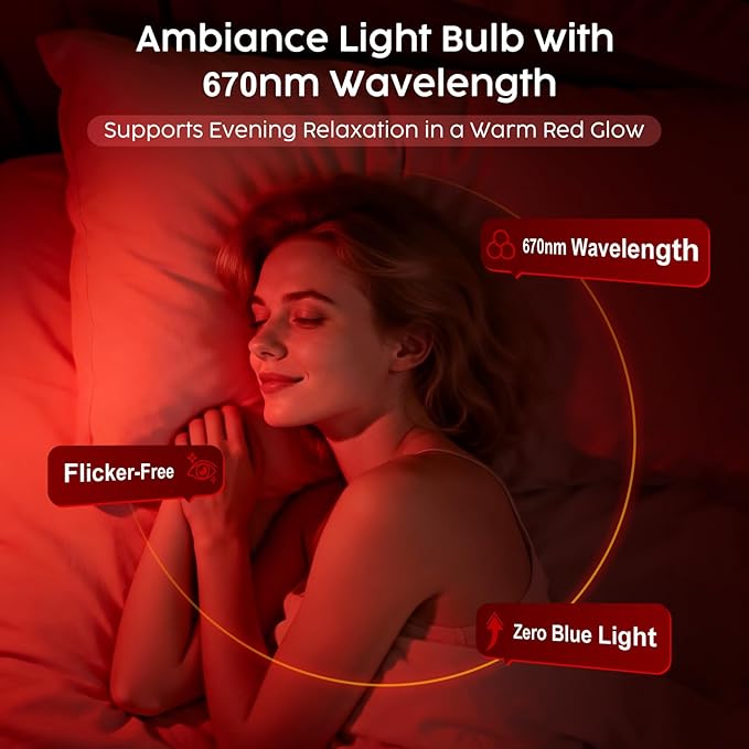 Red Light Bulbs for Sleep, 670nm Natural Sleep Aid Lamp, Blue Light Blocker for Stress Relief, Relaxation, Yoga, Meditation and Travel