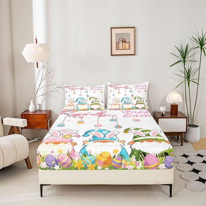 Lovely Gnome Fitted Sheet Full Size Eggs Flowers Happy Easter Bedding Set for Kids Bedroom Floral Spring Cartoon Bed Sheet Set 3pcs White Colorful Deep Pocket Mattress Cover,No Top Flat