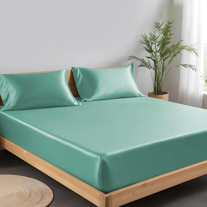 LINENWALAS Fitted Sheet Only Viscose Derived from Bamboo, Bottom Sheet for Queen Size Bed – 16” Deep Pocket, All Around Snug Fit – Cooling, Breathable, Soft, Hypoallergenic (Aqua, Queen)