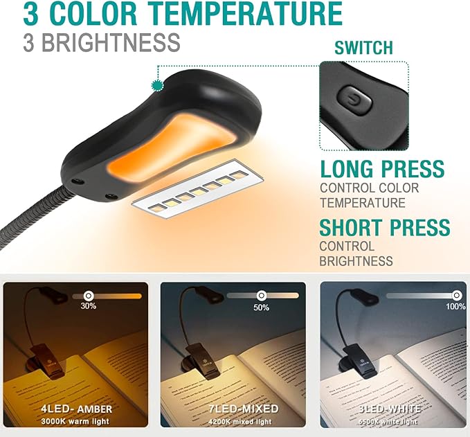 Vekkia/LuminoLite Rechargeable Amber Book Light, Clip on Lights for Reading in Bed, 3 Brightness × 3 Color Temperature, 2.1 oz Lightweight, 70 Hrs Reading, Perfect for Readers & Kids (Black)
