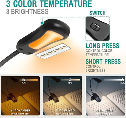 Vekkia/LuminoLite Rechargeable Amber Book Light, Clip on Lights for Reading in Bed, 3 Brightness × 3 Color Temperature, 2.1 oz Lightweight, 70 Hrs Reading, Perfect for Readers & Kids (Black)