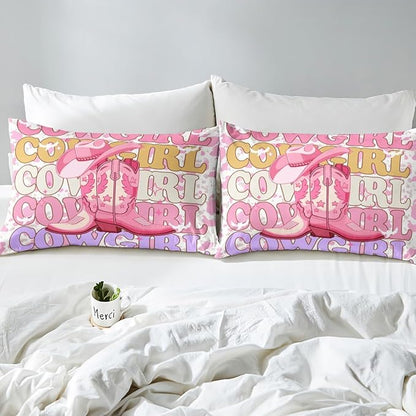 Cowgirl Boots Bed Sheet Set Western Ethnic Tribal Cowgirl Hat Fitted Sheet for Ultra Soft Rustic Pink Cowhide Retro Cow Fur Print Bedding Cover Set Room Decor Queen (No Flat Sheet)