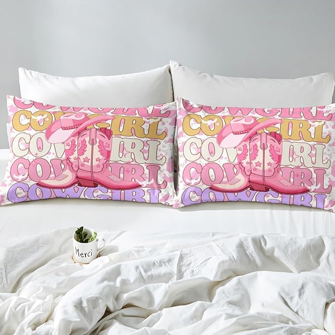 Cowgirl Boots Bed Cover(1 Fitted Sheet+1 Pillow Case),Western Ethnic Tribal Cowgirl Hat Bedding Set for Room Decor,Rustic Pink Cowhide Retro Cow Fur Print Bed Sheet Set,3Pcs Full Size