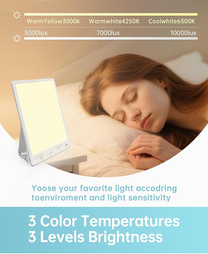 Light Therapy Lamp with 10,000 Lux, UV-Free, LED Bright White Light with 3 Color Temperature, 3 Brightness Levels, 20-60min Timer, Touch Control Happy Light - Boost Mood, Sleep & Focus
