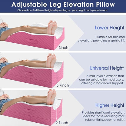 Leg Pillow, Leg Elevation Pillow with Pad and Memory Foam, Height Adjustable Bolster Pillow for Legs, Leg Pillow Elevation Blood Circulation, for Post-Surgery, Pink & White