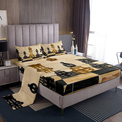 Manfei International Chess Bed Sheet Set for Kids,Vintage Chess Sports Game Theme Sheets Set,Retro Brown Black Checker Grids Marble Print Sheet Sets with Deep Pocket,Top Flat Sheet,Twin Size