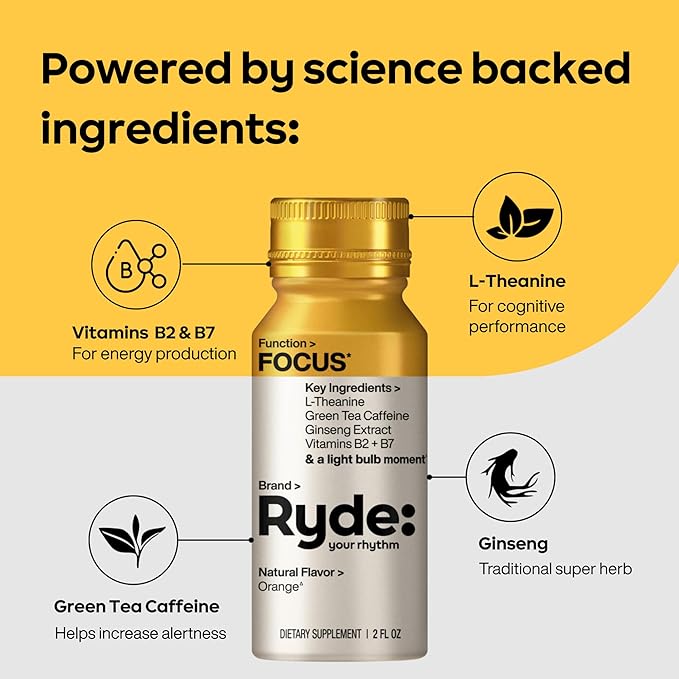 Ryde: Discovery Pack | Energize, Focus & Relax Shots | Green Tea Caffeine, Taurine, Ginseng, B Vitamins, L-Theanine, Lemon Balm, Chamomile | 0 Calories, 0 Sugar | Variety Pack – Try Them All (24 Pack)