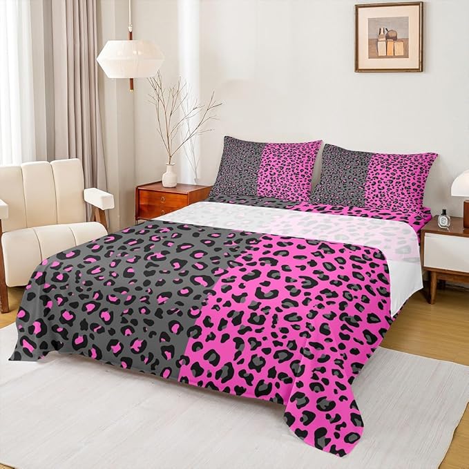 Manfei Leopard Print Sheet Set Full Size Cheetah Bed Sheet Set 4pcs with Deep Pocket Fitted Sheet + Flat Sheet + 2 Pillowcases Black and Purple Animals Soft Bedding Set for Kids Teens Boys Girls