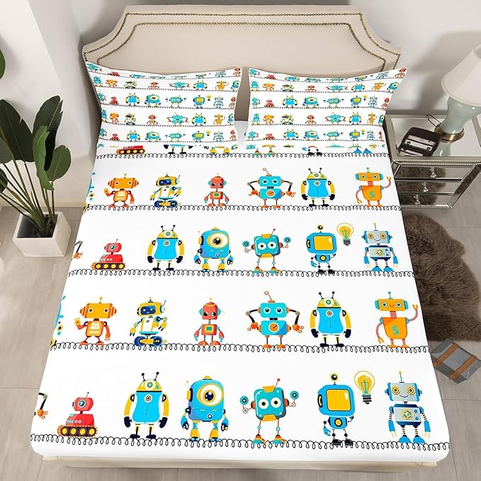 Manfei Watercolor Robots Sheet Set Twin Cartoon Toy Theme Bed Sheet Set 3pcs with Deep Pocket Fitted Sheet + Flat Sheet + 1 Pillowcase White Solid Color Bedding Set for Kids Teens Boys Room Decor