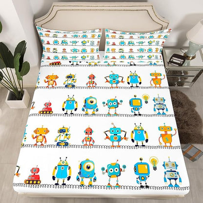 Manfei Watercolor Robots Sheet Set Queen Cartoon Toy Theme Bed Sheet 4pcs with Deep Pocket Fitted Sheet + Flat Sheet + 2 Pillowcases White Solid Color Bedding Set for Kids Teens Boys Room Decor