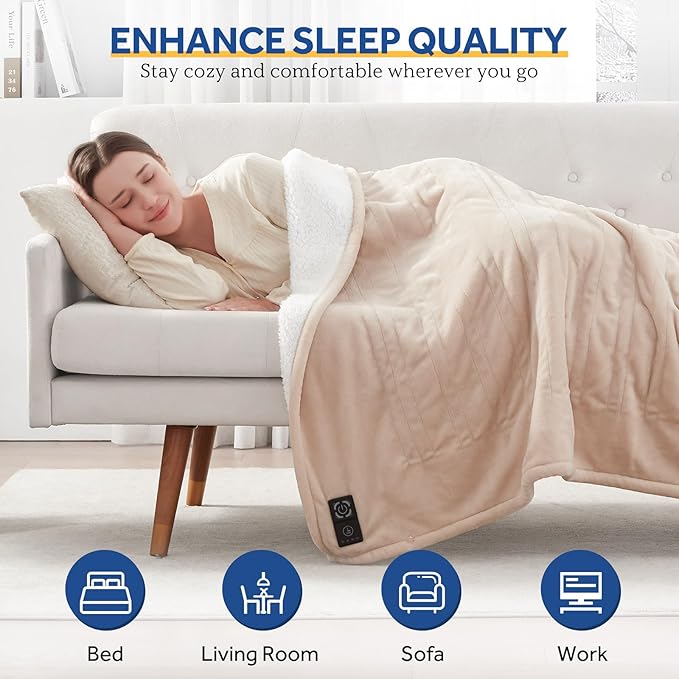 Sealy Heated Blanket Throw with Built-in Button Controller, Reversible Flannel to Sherpa Electric Blanket with 2-10 Hours Auto-Off & 4 Heating Levels, Over-Heat Protection, 50x60 inch, Beige