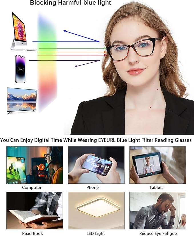 EYEURL Cat Eye Reading Glasses for Women 4-Pack Blue Light Glasses Stylish Computer Readers for Women