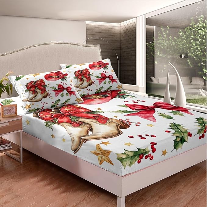 Western Cowgirl Bedding Set Twin Size Red Bowknot Tribal Boots Cap Texas Star Bed Set for Teens Kids Sheet Christmas Poinsettia Leaves Princess Bow Bed Cover(1 Fitted Sheet+1 Pillow Case)