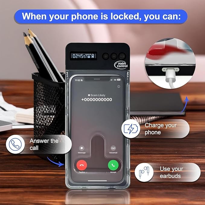 Cell Phone Timed Lock Box, PC ABS Self-Control Case withTimer, Timed Electronic Lock Box, Smart Device Locker for Study, Focus, Productivity