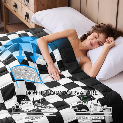 Black Checkered Weighted Blanket for Adults 20lbs, 60"x80" Queen Size, Cooling Heavy Blanket for 130-220lbs with Premium Glass Beads, Soft Thick Big Blankets for All-Season Sleeping Comfort Breathable
