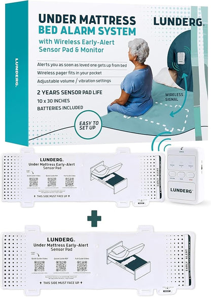 Lunderg Under Mattress Bed Alarm for Elderly Adults Wireless with Early Alert - 2 Bed Sensor Pads & Pager - Bed Alarm for Elderly Dementia Patients - Bed Alarms and Fall Prevention for Elderly