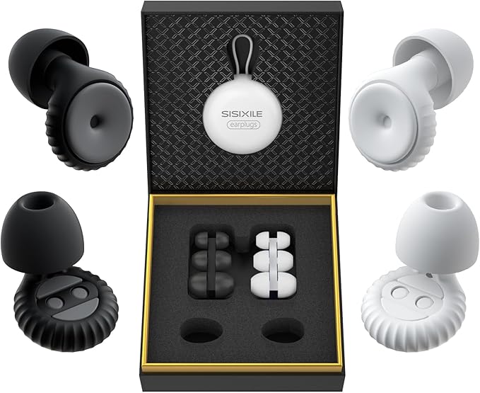 Noise Cancelling Earplugs 2 Pairs for Sleeping, Travel, Office - Soft Silicone Earplugs, 35dB Noise Reduction, Comfortable, Reusable, Multiple Sizes XS/S/M/L for Snoring, Focus & Study - Black & White