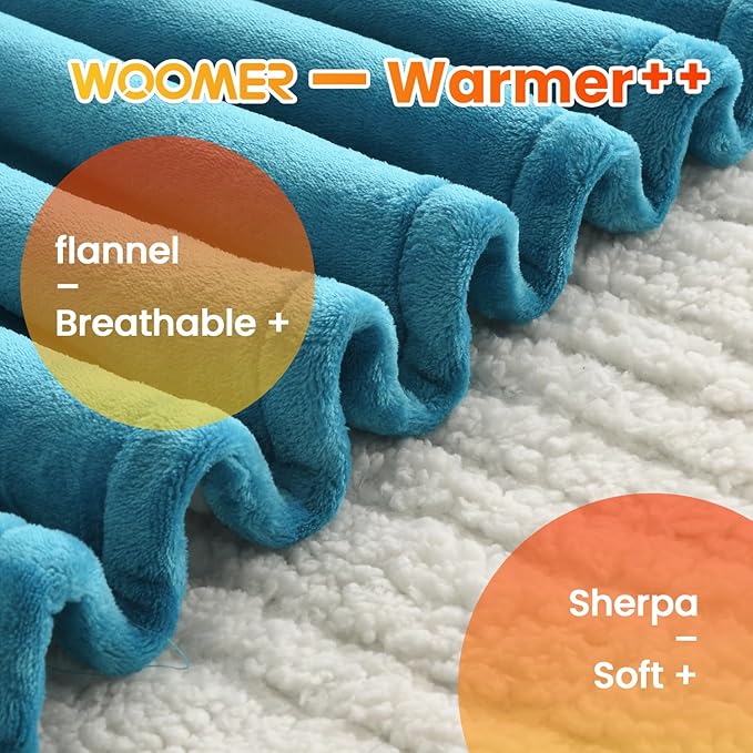 WOOMER Electric Heated Blanket Queen Size 84""x 90"", Soft Flannel Fast Heating Bed Blanket with Multi-Color Option, 10 Heating Levels & 0.5-12H Auto Off, Over-Heat Protection, Teal-flannel&sherpa