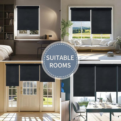 SHADEMOON Blackout Cordless Roller Shades for Windows,Free-Stop System Blind with Valance,Pull Down Room Darkening Indoor Shades,Thermal Insulated UV Blocking Fabric,Home Office(Black,68" W x 72" H)