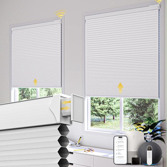 CINONEKO Custom Size(21-69"W x 22-93"H) Motorized Cellular Shades,No Drill Smart Honeycomb Blinds【Free Solar Powered】Automatic Blinds for Indoor Windows Cordless Electric Shades Compatible with Alexa