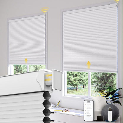 CINONEKO Custom Size(21-69"W x 22-93"H) Motorized Cellular Shades,No Drill Smart Honeycomb Blinds【Free Solar Powered】Automatic Blinds for Indoor Windows Cordless Electric Shades Compatible with Alexa