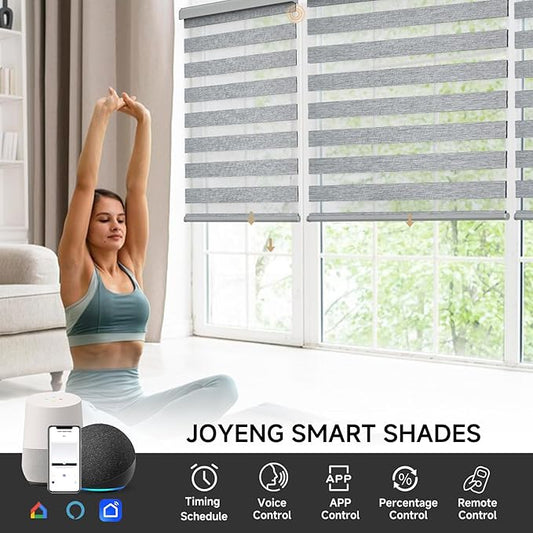 Cordless Motorized Zebra Blinds for Windows Blackout with Remote, Custom Dual Layer Smart Zebra Shades Work with Alexa Google, Automatic Electric Light Filtering Roller Sheer Shades, Grey