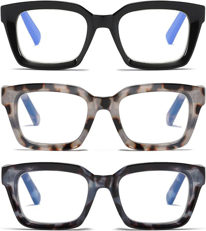 3 Pack Oversize Square Design Reading Glasses for Women, Blue Light Blocking Computer Reader (Black&Grey Leopard&Blue Leopard, 3.25)