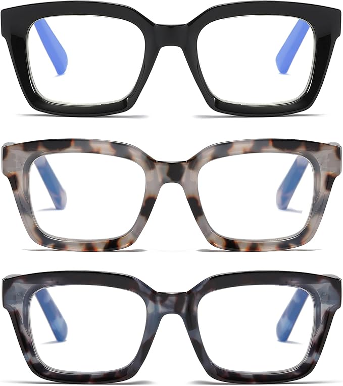 3 Pack Oversize Square Design Reading Glasses for Women, Blue Light Blocking Computer Reader (Black&Grey Leopard&Blue Leopard, 2.5)