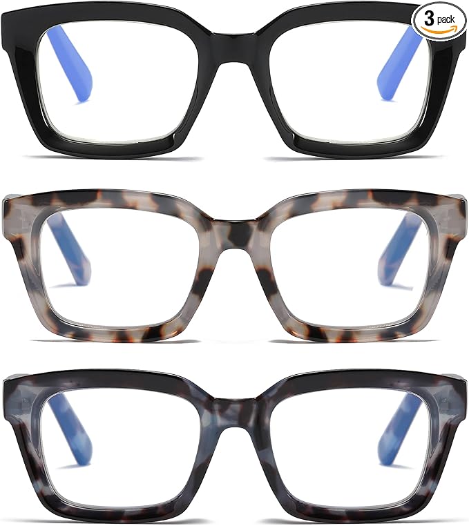 3 Pack Oversize Square Design Reading Glasses for Women, Blue Light Blocking Computer Reader (Black&Grey Leopard&Blue Leopard, 3.0)