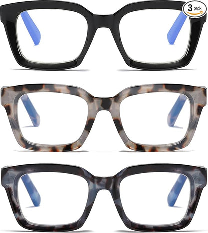 3 Pack Oversize Square Design Reading Glasses for Women, Blue Light Blocking Computer Reader (Black&Grey Leopard&Blue Leopard, 3.0)