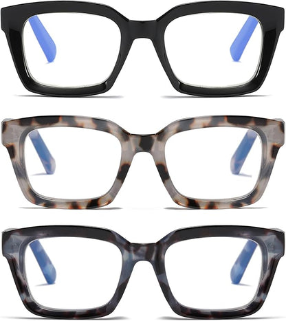 3 Pack Oversize Square Design Reading Glasses for Women, Blue Light Blocking Computer Reader (Black&Grey Leopard&Blue Leopard, 2.0)