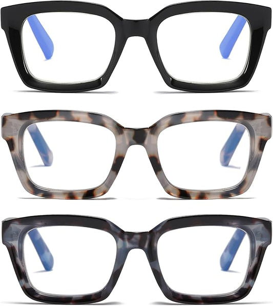 3 Pack Oversize Square Design Reading Glasses for Women, Blue Light Blocking Computer Reader (Black&Grey Leopard&Blue Leopard, 2.0)