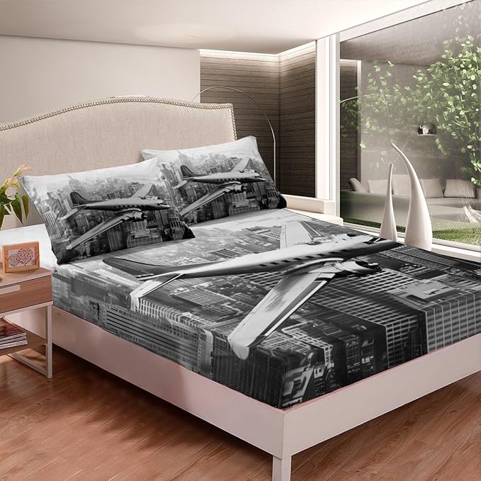 3D Airplane Kids Fitted Sheet Queen Size,Modern Flying Plane Aviation Aircraft Bedding Set,Boys Girls Room Decor,High Building Retro Bed Cover,Grey Fashion Bed Sheet,2 Pillowcases