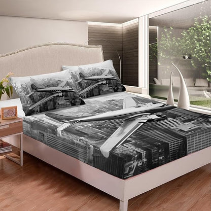 3D Airplane Kids Fitted Sheet Queen Size,Modern Flying Plane Aviation Aircraft Bedding Set,Boys Girls Room Decor,High Building Retro Bed Cover,Grey Fashion Bed Sheet,2 Pillowcases