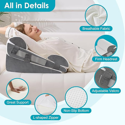 4Pcs Wedge Pillow Set for After Surgery,Acid Reflux Relief, Adjustable Bed Wedge Pillows for Sleeping,Anti Snore, Memory Foam Triangle Pillow for Back&Neck&Shoulder Pain Relief, White&Grey
